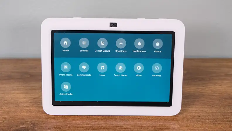 The Amazon Echo Show 8 displaying its main menu buttons.