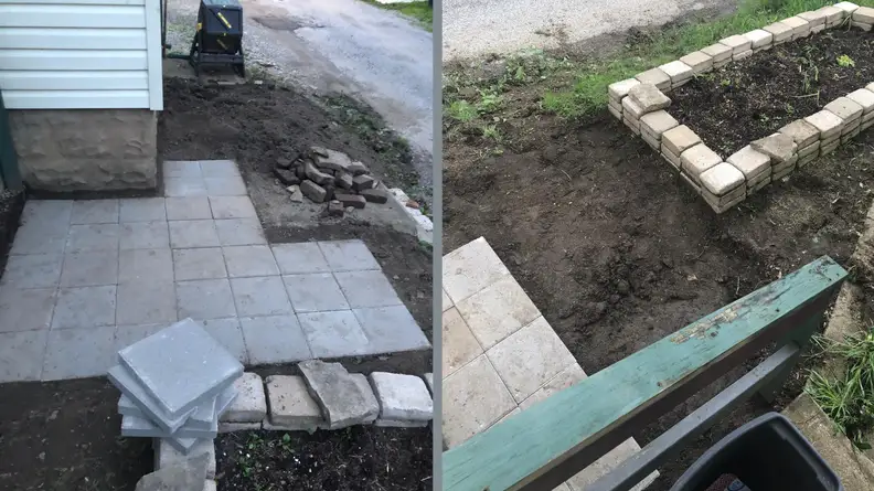 Side by side photo of half-done patio.