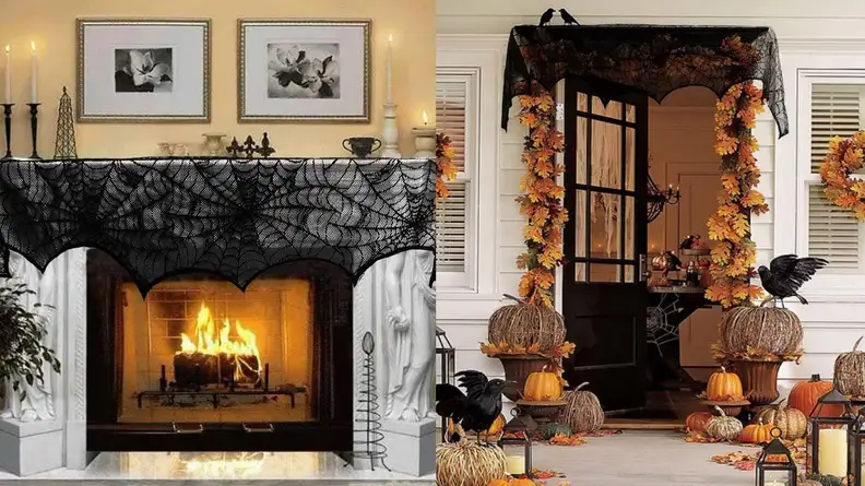 AerWo Black Lace Spiderweb Fireplace Mantle Scarf