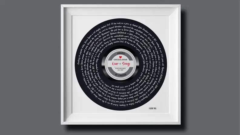 Song lyrics printed on an image of a vinyl record
