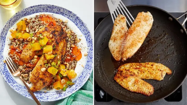On left, Blue Apron's photo of tilapia on a bed of quinoa topped with orange-jalapeno dressing, on a blue plate with fork on the side. On right, a photo of tilapia being grilled on a stovetop