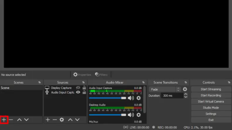 A screenshot of OBS Studio featuring the home window and streaming toolbar.