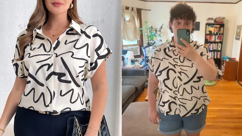model wearing a shirt and then our tester wearing the same shirt