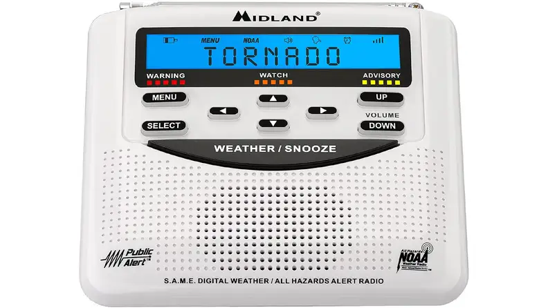 White Midland weather radio with blue screen that reads "tornado."