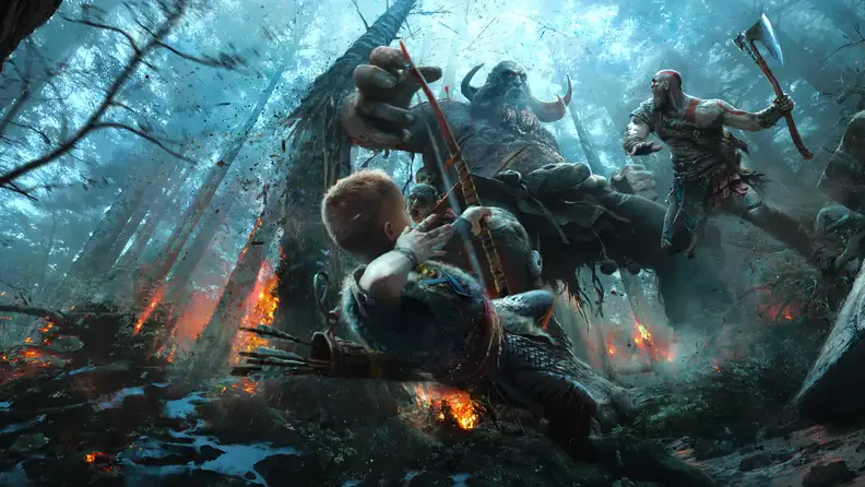 Kratos and Atreus fight a giant creature in the PS4 hit God of War.