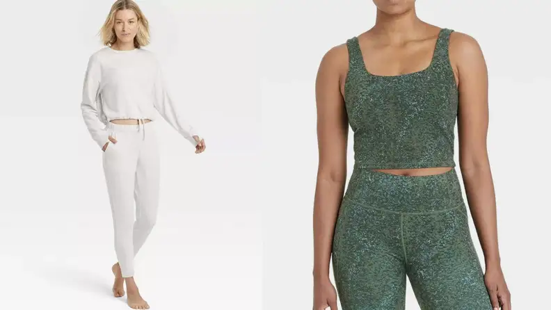 Two people wear white and green two piece activewear sets from Target.