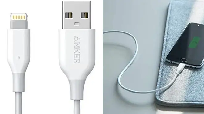 Close-up of lightning cable, lightning cable plugged into phone