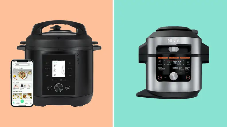 Two pressure cookers against peach and teal backgrounds