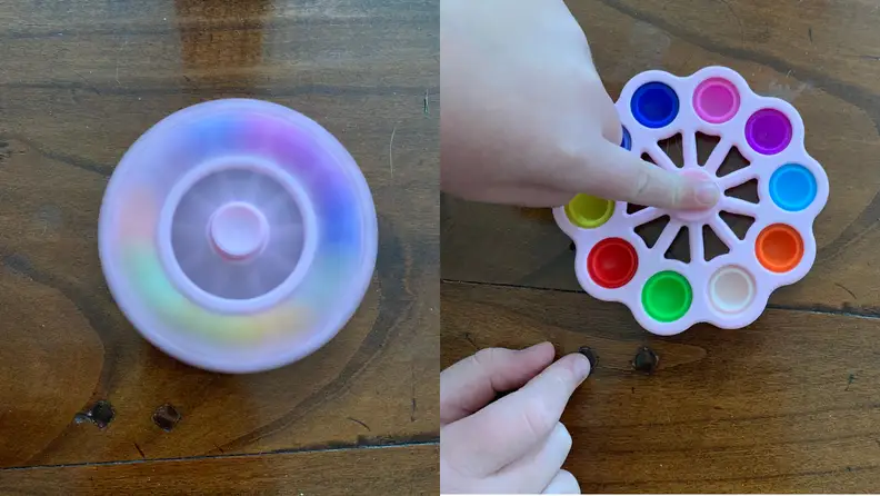 two images side by side, first of a spinning pop-it and the other of a pop-it spinner hybrid with rainbow colored pops