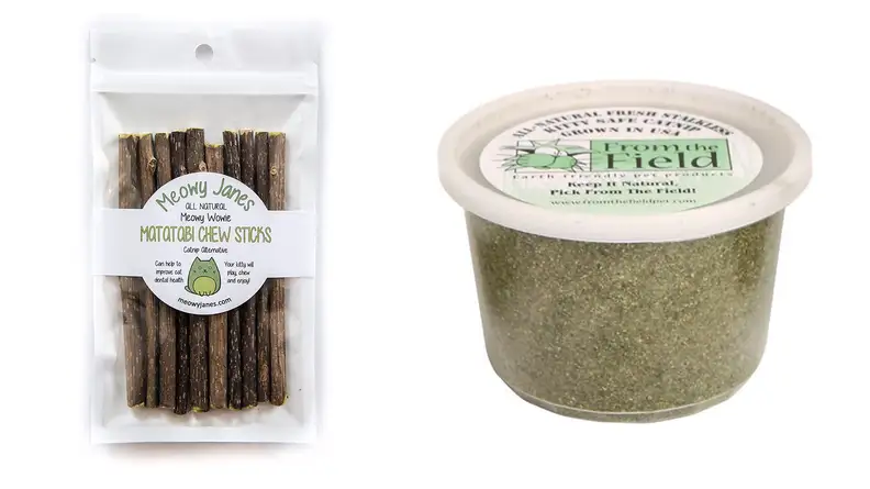 Silver vine sticks and a tub of catnip