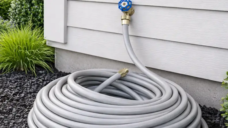 A gray hose at the spigot coiled in the garden