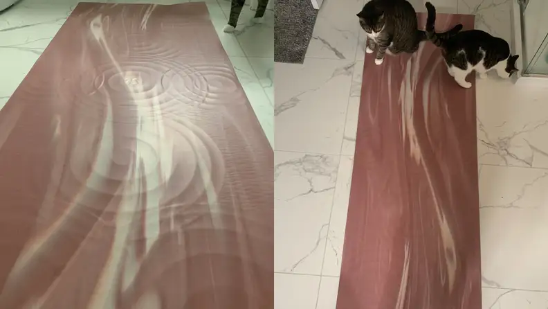 Left: Lululemon Take form yoga mat in pink. Right: Cats on top of Lululemon take form yoga mat.