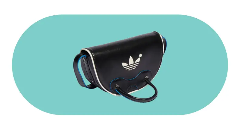 A half-circle black bag with blue details.