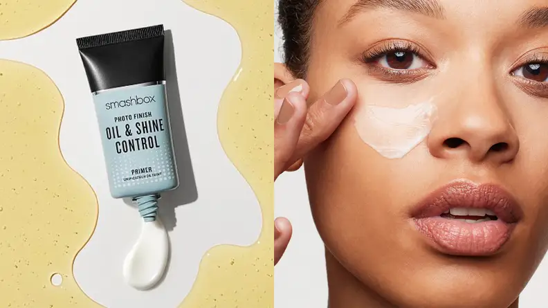 On the left: The Smashbox The Photo Finish Oil & Shine Control Primer tube sitting at the center of a white background with oil all around it. On the right: A closeup of a person's face as they swatch the Smashbox primer on their cheek and stare into the camera.