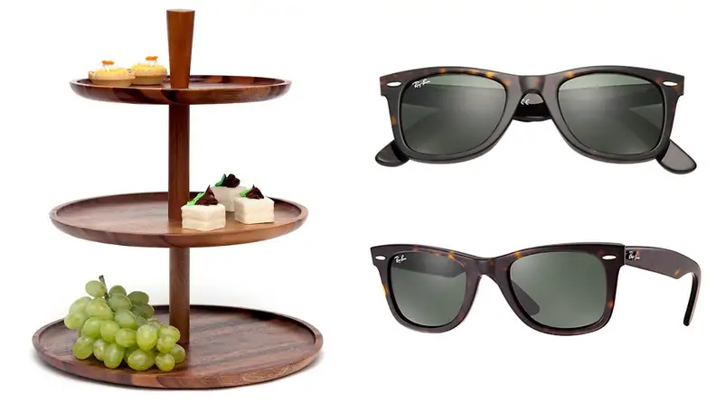 Wooden Tiered serving tray and Ray-Ban Wayfarer sunglasses