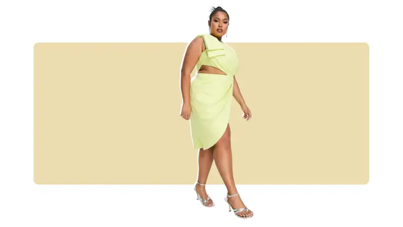 A knee-length lime dress that has a cutout detail, pleating, and a bow on the single shoulder.