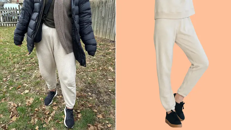 Collage of the author wearing the Saturday Sweat Pant and an image of a model wearing them, too.