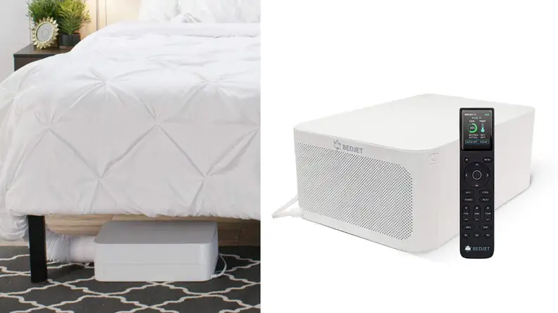 a bed jet fan shown under a bed next to a close up image of the device