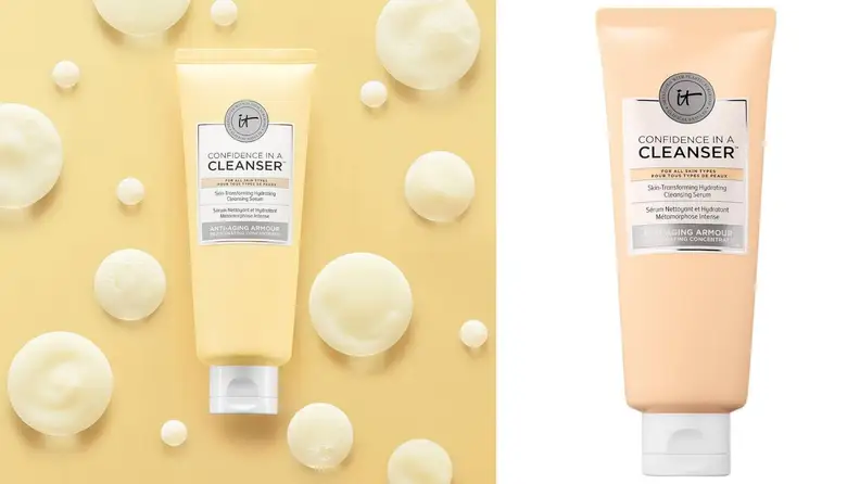 A tube of It Cosmetics Confidence in a Cleanser on a yellow abstract background