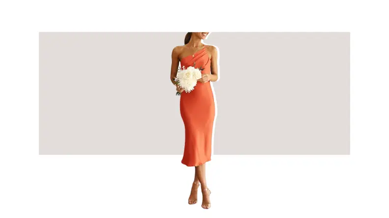 A model wearing an orange one-shoulder midi dress.