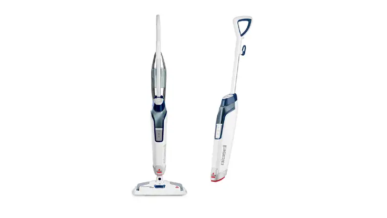 White and blue Bissell steam mop on white background