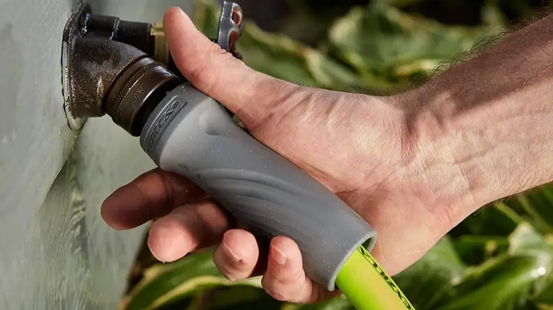 A close up of the comfort grip of the Flexzilla garden hose's comfort grip.