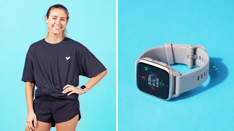 Split image of a person wearing a Garmin Venu Sq 2 and a close-up of the fitness tracker on its side.