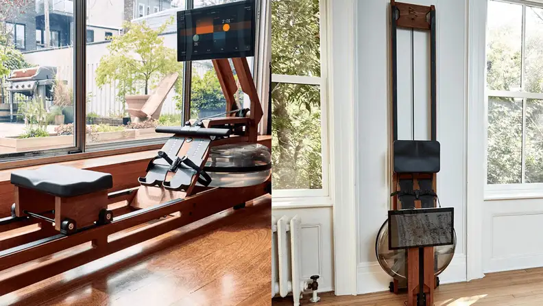 Left: Ergatta rowing machine on floor in home. Right: Ergatta rowing machine leaning against wall.