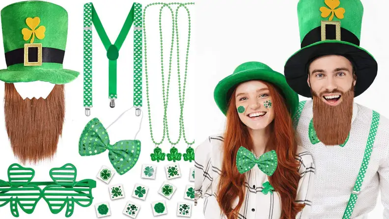 A selection of green accessories like suspenders, bow ties and even a top hat (complete with a beard).