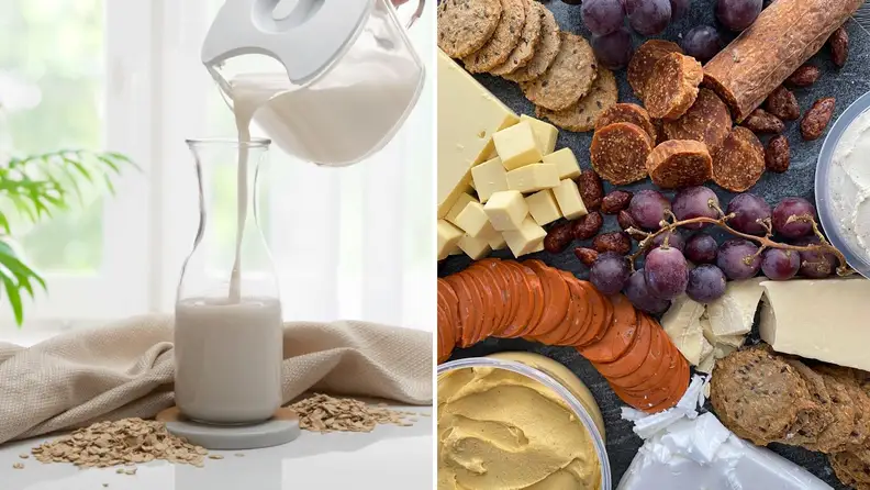 On left, plant based milk being poured from ChefWave into milk jug. On right, photo of vegan cheese board shot from above.