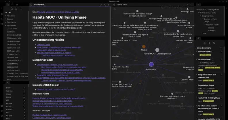 A screenshot displaying Obsidian's three-pane view, which shows a list of all notes, the currently open note, and Obsidian's signature knowledge graph.