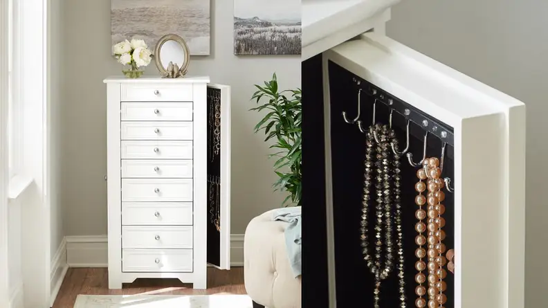 Jewelry hanging in an armoir