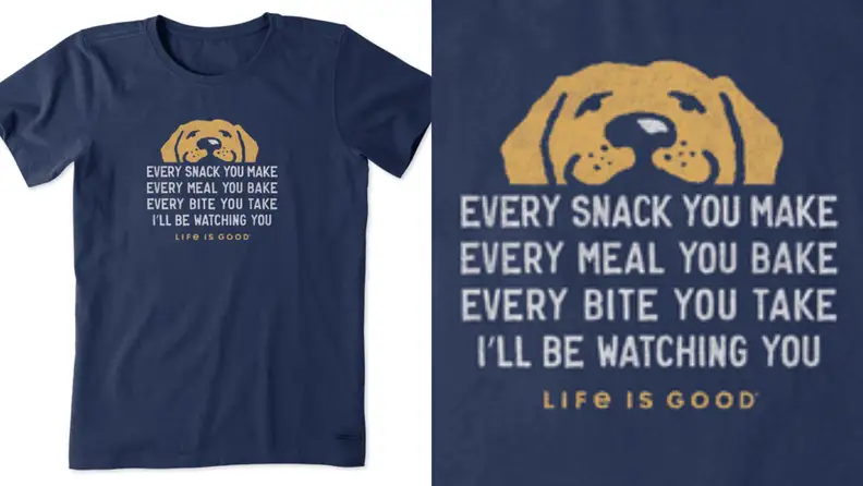 Blue tee with golden retriever face and the text 