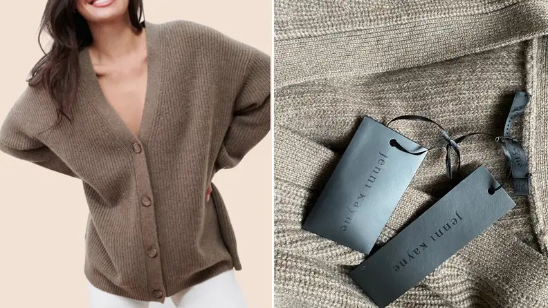 Collage of the Cocoon Cardigan on a model, and a close-up of the tags.