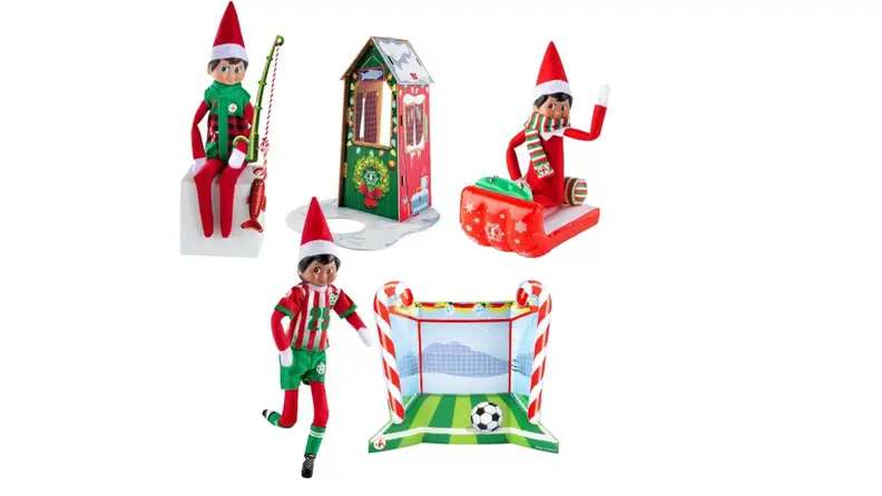 Elves partaking in sledding, fishing, and soccer.