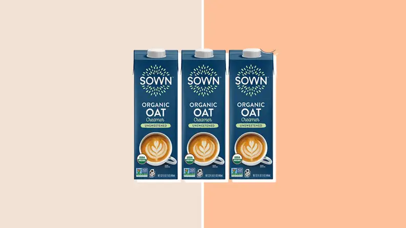 Three packages of Sown organic creamer arrayed in a row.