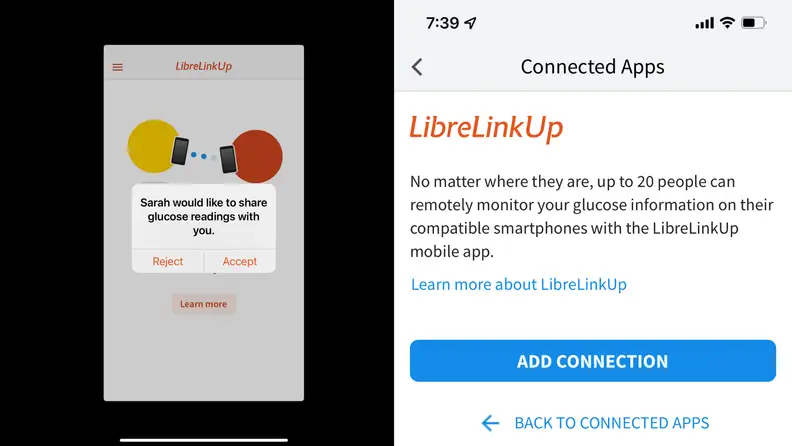 Screenshots of in-app use of the Freestyle’s Libre 2 app.