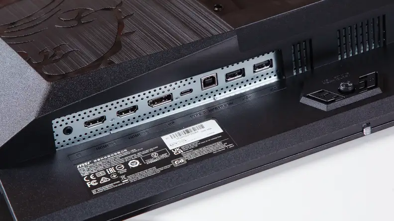 A close view of the MSI MPG 321URX monitor HDMI and USB ports.