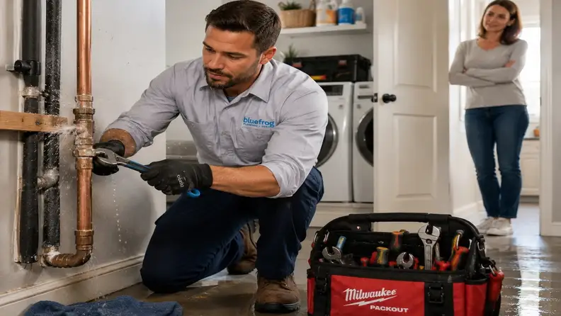Technician repairing a leaking copper pipe with a wrench