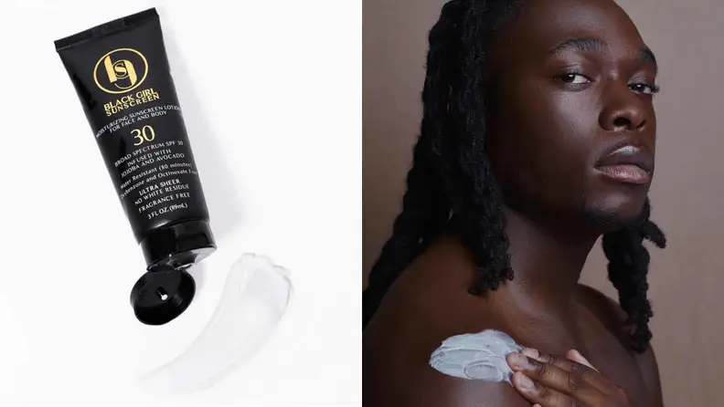 Black Girl Sunscreen container / Black man with sunscreen on shoulder