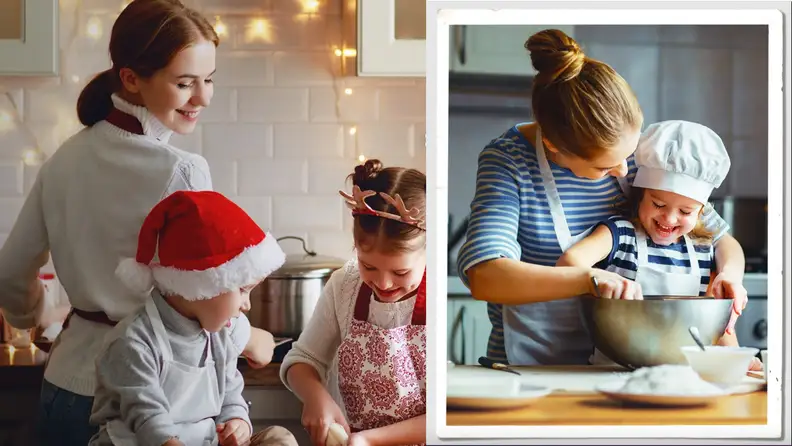 Mothers cooking with children in kitchen.