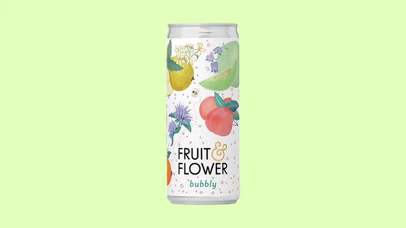 A canned wine spritzer against a pastel green background.