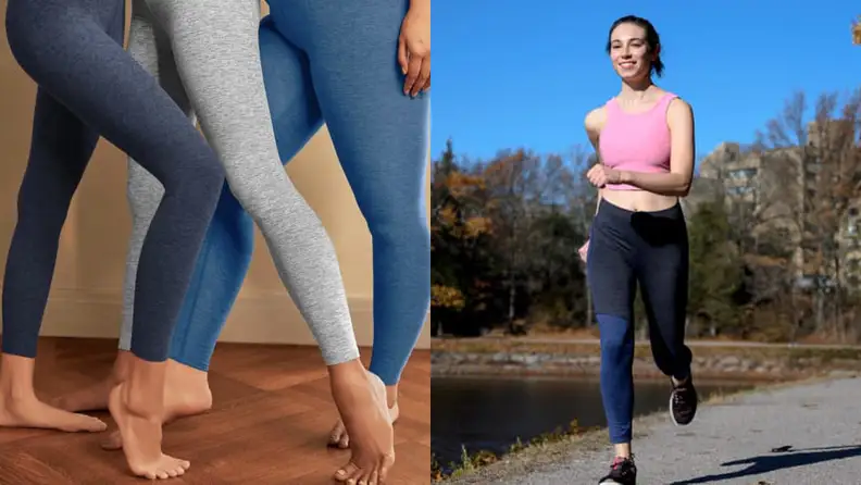 Beyond Yoga leggings / Woman running in Outdoor Voices set by a river.