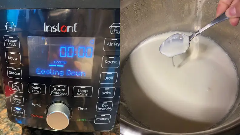 The Instant Pot's timer at zero and a shot of yogurt having been cooked and turned to clumpy milk.