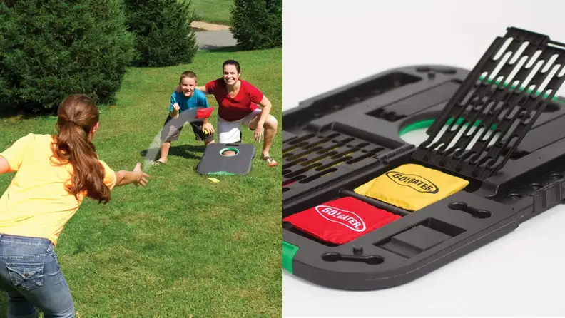 On one side a family plays a game of cornhole. On the other side it shows how the board can store away the bean bags for the game.