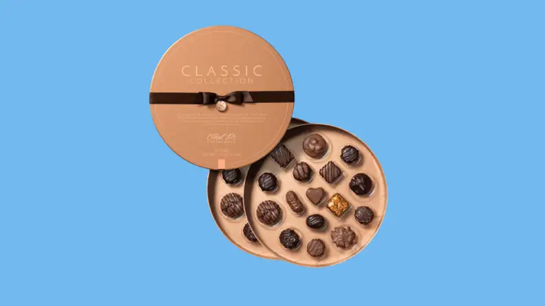 Box of chocolate agaisnt blue background