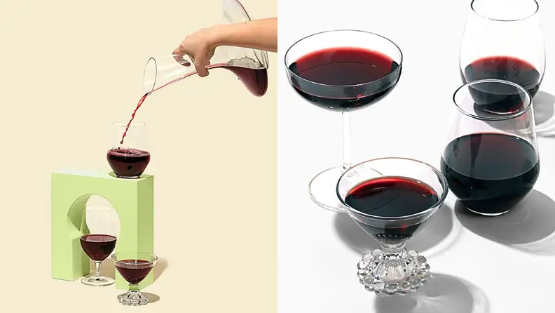 On left, a hand pouring a glass of red wine from a decanter. Three wine glasses sit on and around a funky green shape. On right, several glasses of red wine in different shaped glasses.