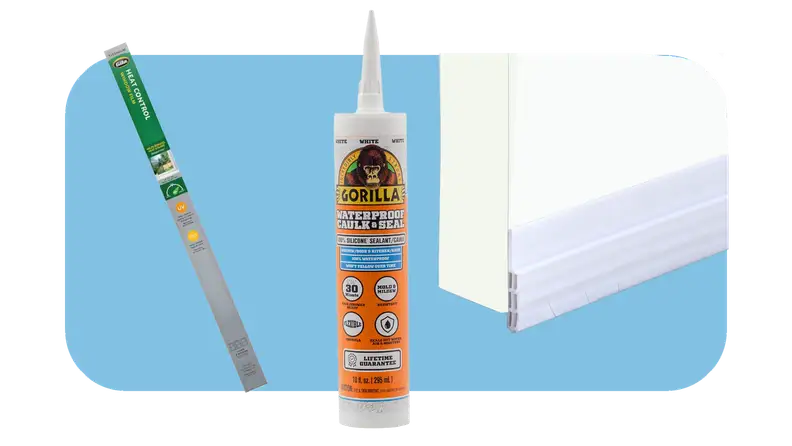 Rectangular box on window tint next to tube of caulk next to door stopper on bottom of door.