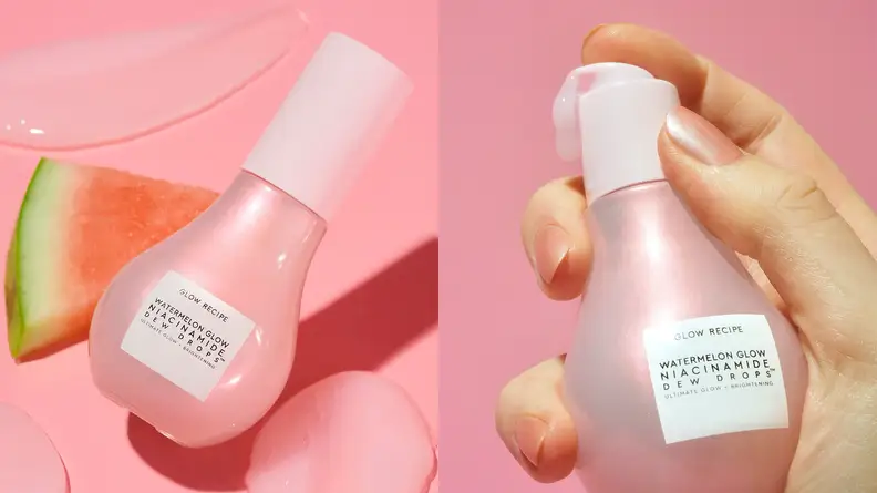 On the left: The light pink, pear-shaped Glow Recipe Watermelon Glow Niacinamide Dew Drops sits diagonally across a pink background. A slice of watermelon is positioned to the left of the bottle. On the right: One a pink background, a light-skinned hand holds the Glow Recipe Watermelon Glow Niacinamide Dew Drops close to the camera.