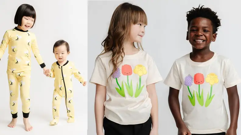 Left: an Asian girl and baby hand in hand smiling, wearing the same yellow onesie in different sizes; Right: a girl with long brown hair and bangs looking to the left at a Black boy who's looking at the camera and they're both wearing a white t-shirt with flowers on it.